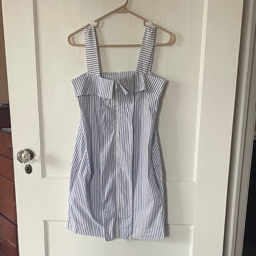 Blue and White Striped Dress with center zip and pockets